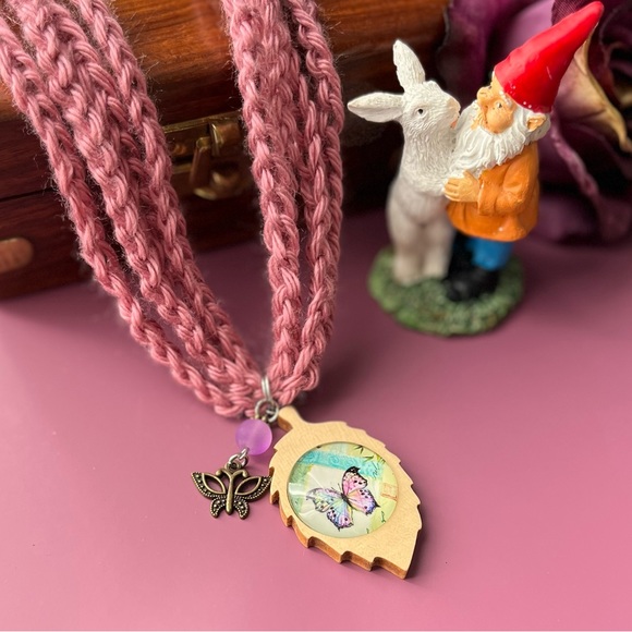 Handmade Crochet Butterfly Pendant Necklace Cottagecore - Picture 4 of 13